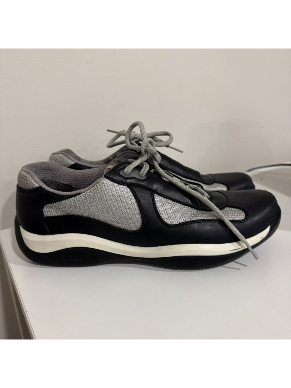 Prada America's Cup Low Top Sneakers Silver Grey Black White Size 10.5
